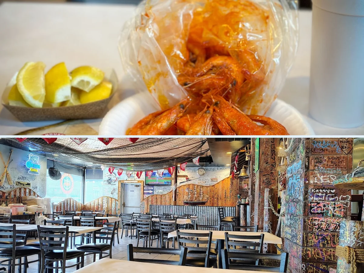 Casual restaurant space with seaside-inspired details.