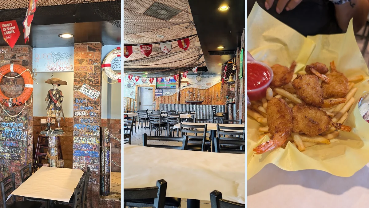 Casual restaurant space with seaside-inspired details.
